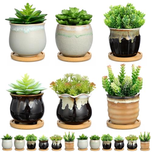 Remerry 12 Pcs Ceramic Succulent Pots with Drainage 3.5 Inch Bamboo Tray - size: 3.5 Inch