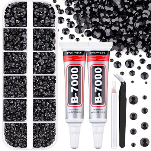 6100Pcs Resin Rhinestones for Crafting with 2Pcs 10ml B7000 Jewelry Glue, 1 Box Flatback Crystals Diamond (Black) for Bedazzling Crafts DIY Nail Art Non Hotfix Gems for Clothing Shoes Tumblers - color: Black, size: 1 Small Pack + 2Pc Glue