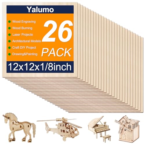 Basswood Sheets 12 x 12 x 1/8 Inch, 26 Packs Plywood Sheets Unfinished Wood for Crafts 3mm Thick Basswood for Laser Cutting, DIY Architectural Models, Engraving, Wood Burning, Painting