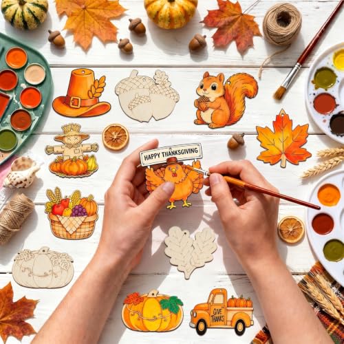 80Pcs Unfinished Fall Ornament Wood Crafts,Wooden Thanksgiving Cutouts - color: Thanksgiving