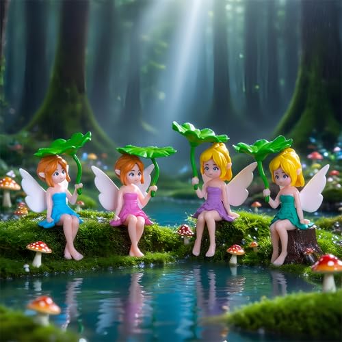 Miniature Fairy Accessories - Small Figurines, Flower Pot & Fairy Garden, Home, Desk Shelf, Moss Landscapes, Car Decor, Compact Gift for Enthusiasts, 4 Pieces (Fairy - Lotus Leaf)