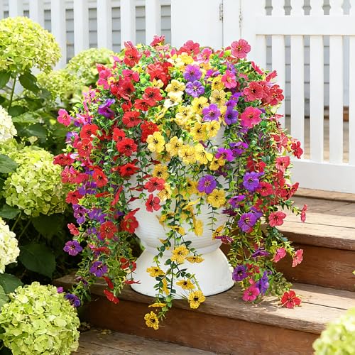 Artificial Hanging Flowers for Outdoors Summer Decor, 6 Bundles UV Resistant Realistic Faux Silk Flowers, Fake Plants for Planter Indoor Outside Garden Porch Patio Balcony Yard Farmhouse - color: Multicolorsa