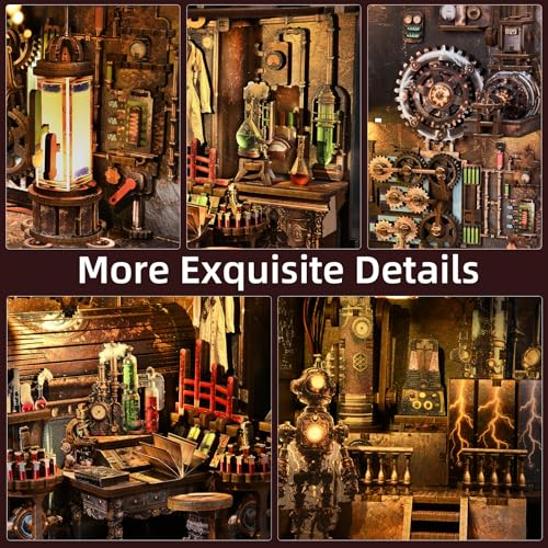fifijoy Book Nook Kit, DIY Miniature Dollhouse Booknook Kit, 3D Wooden Puzzle Bookend Bookshelf Insert Decor with LED Light for Teens and Adults (Steampunk Mad Scientist Laboratory) - color: Mad Scientist's Lab