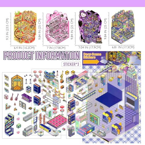 Large 3D Scene Stickers for Adults, Funny 4 Set Room Miniature Stickers - color: Whimsical Place-large 4 Set