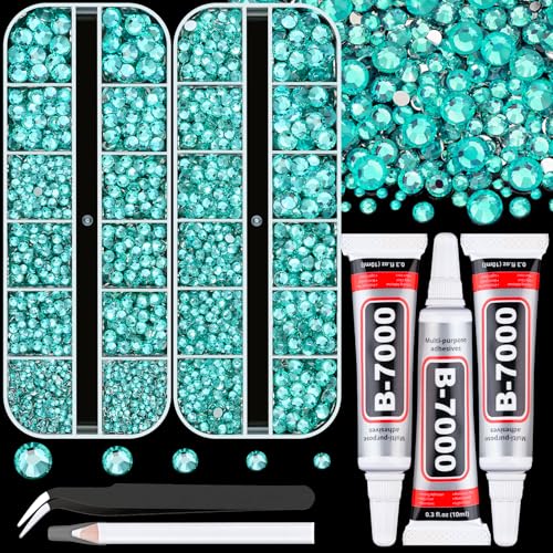 Resin Rhinestones for Crafting with B7000 Jewelry Glue, 2 Boxes Aquamarine Flatback Crystals with 3Pcs 10ml Glue for Bedazzling Crafts DIY Nail Art Makeup, Gems for Clothing Shoes - color: Aquamarine, size: 2 Small Pack with Glue