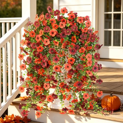 Artificial Fall Flowers for Outdoors UV Resistant Orange Fake Mums Decor - color: Dark Red+orange