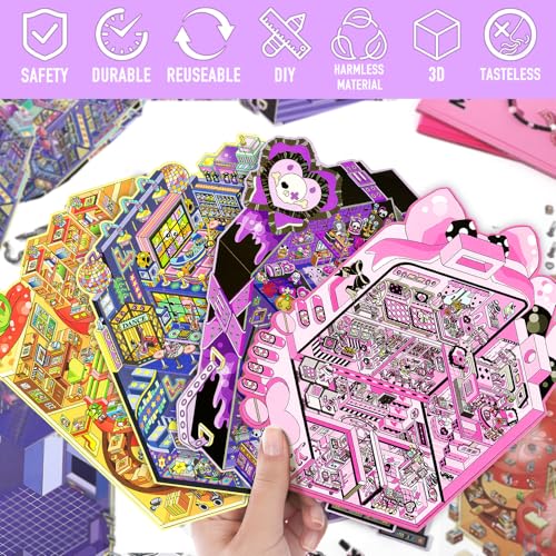 Large 3D Scene Stickers for Adults, Funny 4 Set Room Miniature Stickers - color: Whimsical Place-large 4 Set
