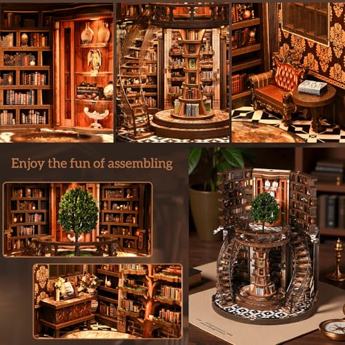 fifijoy DIY Book Nook Kit for Adults - 3D Wooden Puzzle Miniature House Kit with LED Light, Miniature Dollhouse Library Bookshelf Insert Decor, Creative Gift for Family, Friends (Wisdom Rings) - color: Wisdom Rings