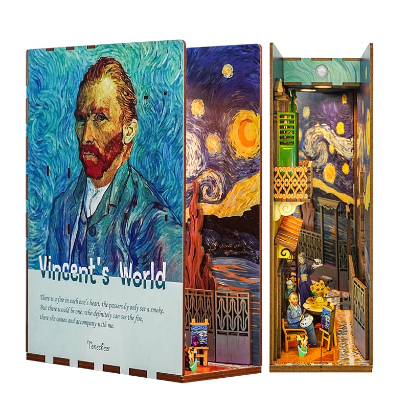 Tonecheer DIY Book Nook Kit for Adults,3D Wooden Puzzle Bookend Bookshelf Insert Library Decor, Booknook Miniature House Kit with Body Motion Sensor LED Light (Vincent's World) - color: Vincent's World