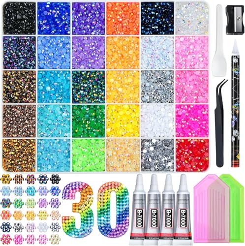 36000 Pcs Resin Rhinestones Kit for Bedazzling - 30 Colors SS10 Flatback Gems with 4 Bottles 15ml B7000 Glue & Tools - DIY Craft Kit for Nail Art, Sneakers, Phone Cases & Blind Box Figures (3mm)