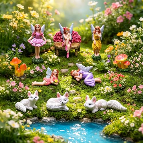Fairy Garden Accessories Outdoor Set 11Pcs, Miniature Fairies for Fairy Garden with Fox Statues & Mushrooms Figurines - Ornament Outdoor Decor for Terrarium, Patio & Gifts