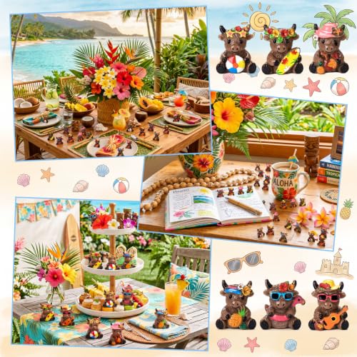 Yaomiao 60 Pcs Mini Hawaii Highland Cow Figurines Bulk Resin Cow Statues - style: Hawaii Cow