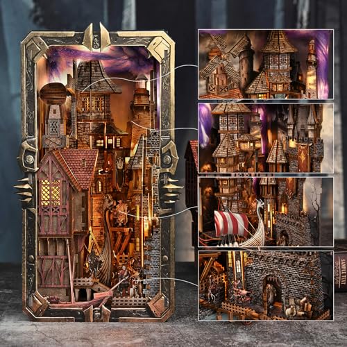 fifijoy Viking Book Nook Kit - DIY Miniature House Dollhouse Kit for Adults Teens, Booknook Tiny House Bookshelf Insert Decor 3D Wooden Puzzle, Gifts for Family, Friends (Voyage Through the Storm) - color: Voyage Through the Storm
