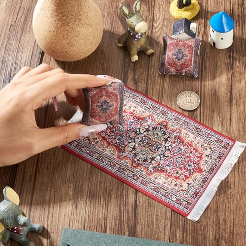 Vintage Miniature Carpets & Cushion Decorations Mini Dollhouse Accessories Small Pillow Rugs Retro Decor for Dollhouse Furniture Mini Living Room 1/12 Scale DIY Crafts Decorations Ornaments - style: Carpets & Cushion - Red