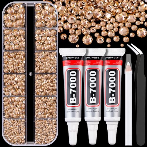 Resin Rhinestones for Crafting with B7000 Jewelry Glue, 1 Box Champagne Flatback Crystals with 3Pcs 10ml Glue for Bedazzling Crafts DIY Nail Art Makeup，Non Hotfix Gems for Clothing Shoes - color: Champagne, size: 1 Small Pack with Glue