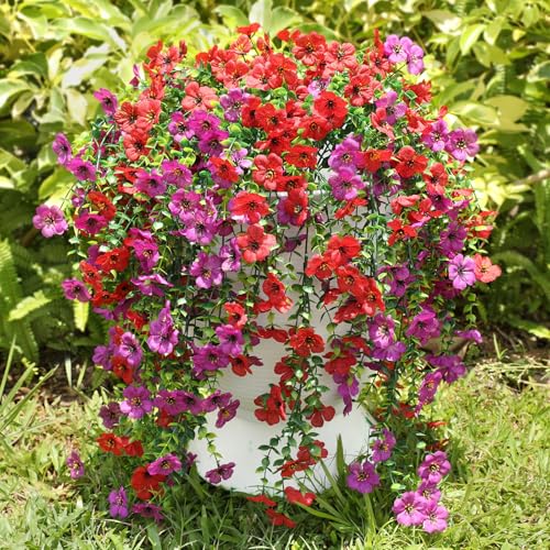 Artificial Hanging Flowers for Outdoors Spring Summer Decor - color: Red Purple
