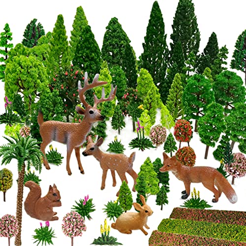 Mixed Model Trees, 70pcs, 1.5-6 inch(4-16 cm), Ho Scale Bushes with Animals Figures, Plastic Trees for Projects, Model Train Scenery