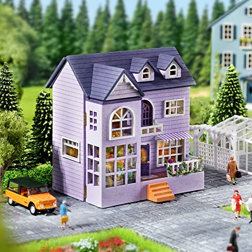 Spilay Dollhouse DIY Miniature Wooden Furniture Kit,Mini Handmade Doll House with LED,1:24 Scale Creative Woodcrafts for Adult Friend Lover Birthday Gift D32 - color: Happy House