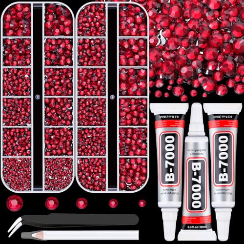 Resin Rhinestones for Crafting with B7000 Jewelry Glue, 2 Boxes Dark Red Flatback Crystals with 3Pcs 10ml Glue for Bedazzling Crafts DIY Nail Art Makeup, Gems for Clothing Shoes - color: Dark Red, size: 2 Small Pack with Glue