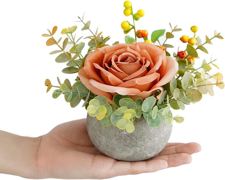 Small Artificial Orange Rose Potted Plant, 2 Pcs Mini Faux Decor - color: 2pcs Orange