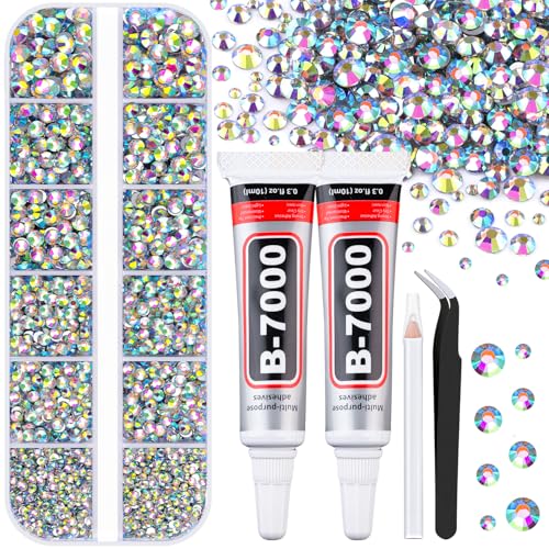 6100Pcs Jelly Resin Rhinestones for Crafting with 2Pcs 10ml B7000 Jewelry Glue, 1 Box Flatback Crystals Diamond (Clear AB) for Bedazzling Crafts DIY Nail Art Non Hotfix Gems for Clothing Shoes - color: AB, size: 1 Small Pack + 2Pc Glue