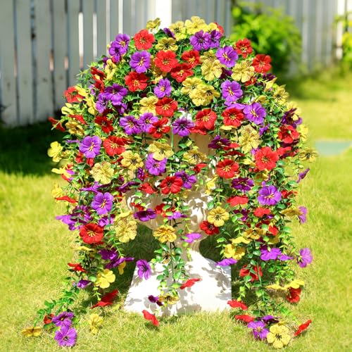 Artificial Flowers for Outdoors Spring Decor, 6 Bundles UV Resistant Realistic Faux Silk Hanging Flowers, Fake Plants for Planter Indoor Outside Garden Porch Patio Balcony Yard Farmhouse（Mix） - color: Mixed Color Red, Yellow & Purple