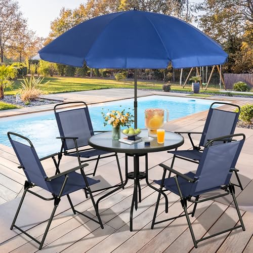 Vongrasig 6 Pieces Folding Patio Dining Set, All Weather Small Metal Outdoor Table and Chair Set, Garden Patio Furniture Set w/Umbrella, Glass Table & 4 Folding Chairs for Lawn, Backyard, Blue - color: Blue