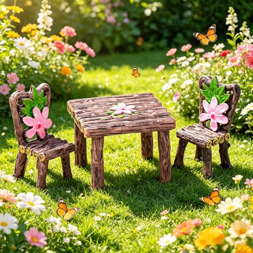 Miniature Table and Chair Decorative Set Rustic Style Square Table with Two Chairs for Garden Patio Arrangement Outdoor Landscape Accent and Yard Display Decoration