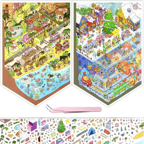 Large 2 Set Holiday Village 3D Miniature Scene Stickers for Adult - color: Holiday Village-large 2 Set