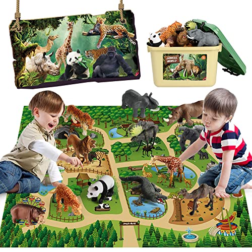 Mini Tudou Safari Animals Figures & 57x38.6'' Play Mat for Kids Toddler 3-5