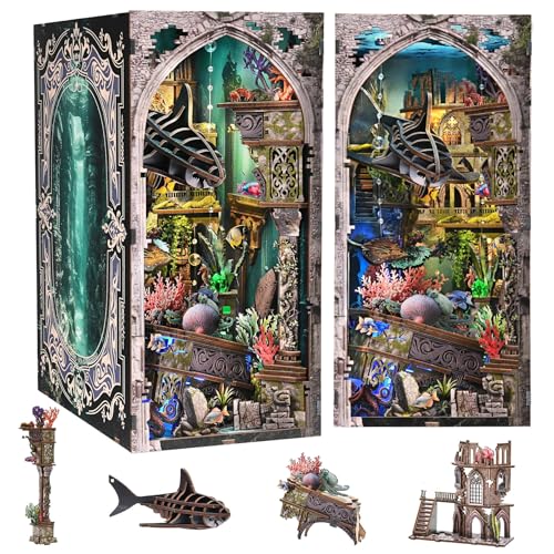 fifijoy Book Nook Kit - DIY Miniature Dollhouse for Adults and Teens, Creative Bookshelf Decor 3D Wooden Puzzle Bookend with LED Light, Unique Gift for Family and Friends (Lost City of Atlantis) - color: Lost City of Atlantis