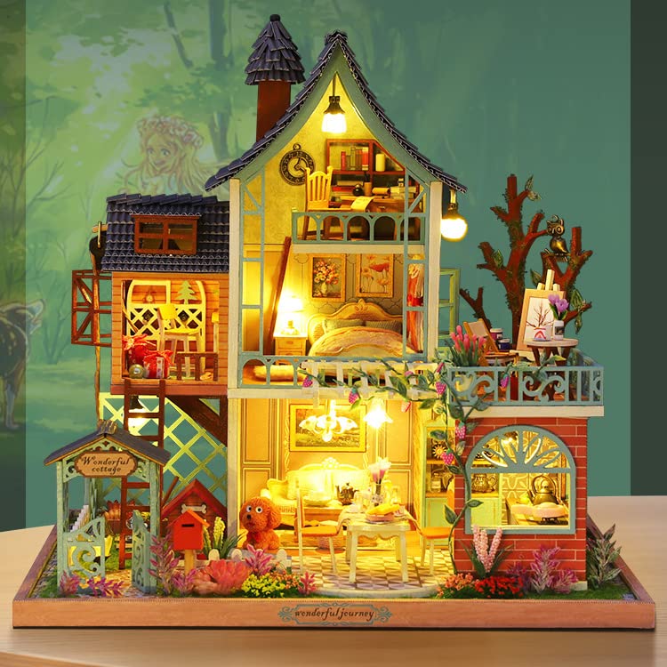 GuDoQi DIY Miniature Dollhouse Kit, Tiny House kit with Music, Miniature House Kit 1:24 Scale, Great Handmade Crafts Gift for Birthday Christmas Day, Jungle Resort - color: Jungle Resort