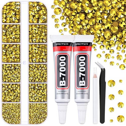 6100Pcs Resin Rhinestones for Crafting with 2Pcs 10ml B7000 Jewelry Glue, 1 Box Flatback Crystals Diamond (Bright Gold) for Bedazzling Crafts DIY Nail Art，Non Hotfix Gems for Clothing Shoes Tumblers - color: Bright Gold, size: 1 Small Pack + 2Pc Glue