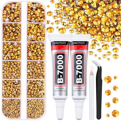 6100Pcs Resin Rhinestones for Crafting with 2Pcs 10ml B7000 Jewelry Glue, 1 Box Flatback Crystals Diamond (Gold) for Bedazzling Crafts DIY Nail Art Non Hotfix Gems for Clothing Shoes Tumblers - color: Gold, size: 1 Small Pack + 2Pc Glue