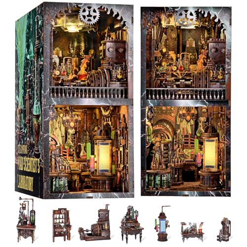 fifijoy Book Nook Kit, DIY Miniature Dollhouse Booknook Kit, 3D Wooden Puzzle Bookend Bookshelf Insert Decor with LED Light for Teens and Adults (Steampunk Mad Scientist Laboratory) - color: Mad Scientist's Lab