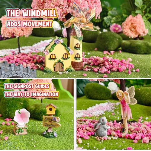 DONABELA Fairy Garden Kit Pink Mini Windmill House Decor Set Rabbit Flower Pot Supplies Signpost CD Player Resin Figurines Accessories Gift Indoor Outdoor Yard - style: Windmill house