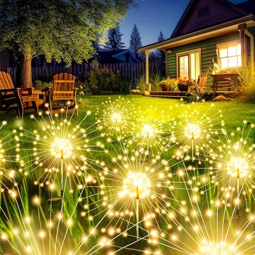 Solar Fireworks Lights for Outside, 200LED 8 Modes Fireworks Solar Lights, Fairy Garden Flowers Lights for Yard Pathway Wedding Party Christmas Diwali Garden Decor 2 Pack (Warm White) - color: Warm White