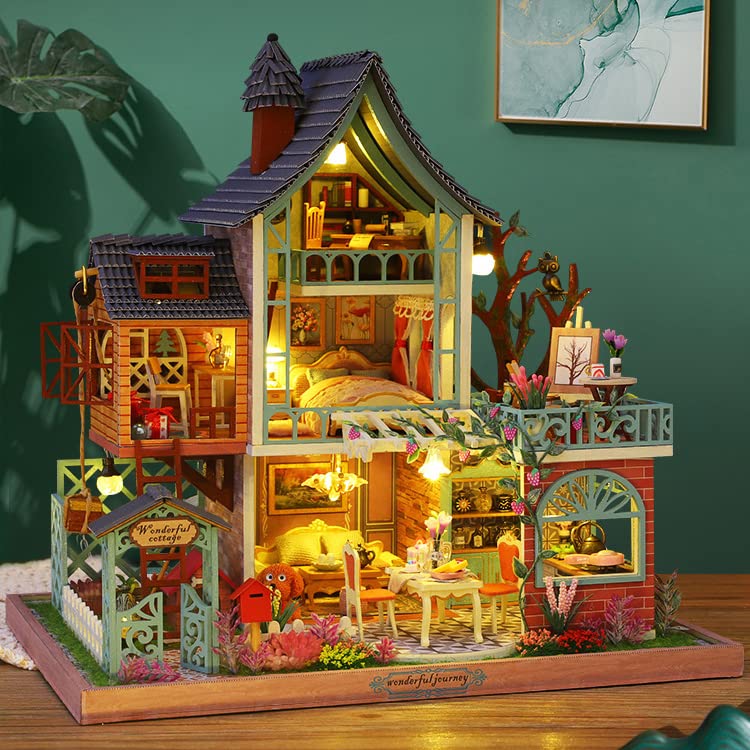 GuDoQi DIY Miniature Dollhouse Kit, Tiny House kit with Music, Miniature House Kit 1:24 Scale, Great Handmade Crafts Gift for Birthday Christmas Day, Jungle Resort - color: Jungle Resort