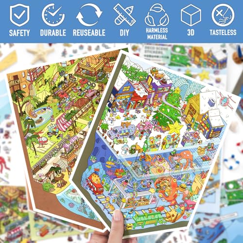 Large 2 Set Holiday Village 3D Miniature Scene Stickers for Adult - color: Holiday Village-large 2 Set