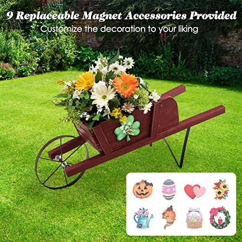 S AFSTAR Wood Wheelbarrow Planter, Flower Plant Pot Wheelbarrow Cart w/Metal Wheel & 9 Replaceable Magnet Accessories, Wooden Wagon Planter Wheelbarrow Decor for Outdoor Garden Backyard (Red) - color: Red