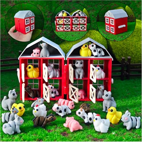 17PC 3D Printed Farm Animal Toys with Red Barn & Fence Pen