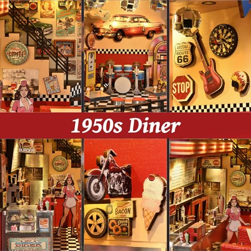 fifijoy Book Nook Kit for Adults, 1950s Diner Bookshelf Insert - color: 1950s Diner