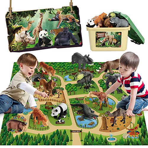 Mini Tudou Safari Animals Figures & 57x38.6'' Play Mat for Kids Toddler 3-5