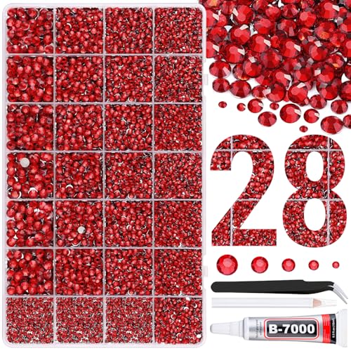 30000Pcs Resin Rhinestones for Bedazzling with Tweezers, Red Rhinestones for Crafting with B7000 Jewelry Glue for DIY Crafts Clothing Tumblers Shoes Fabric Nail Art - color: Red, size: X-Large Pack + 1Pc Glue