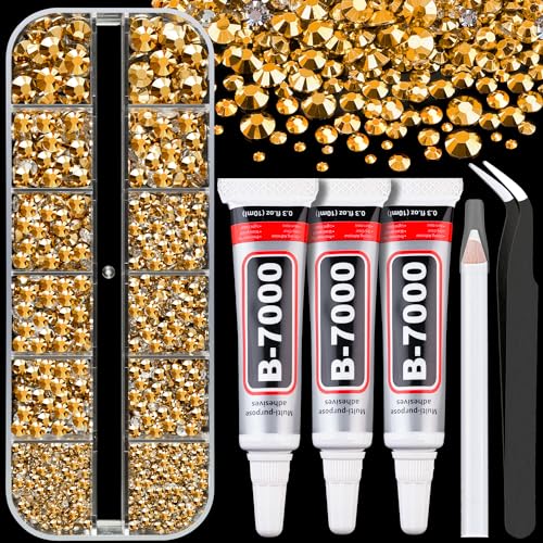 Resin Rhinestones for Crafting with B7000 Jewelry Glue, 1 Box Gold Flatback Crystals with 3Pcs 10ml Glue for Bedazzling Crafts DIY Nail Art Makeup，Non Hotfix Gems for Clothing Shoes - color: Copper Gold, size: 1 Small Pack with Glue