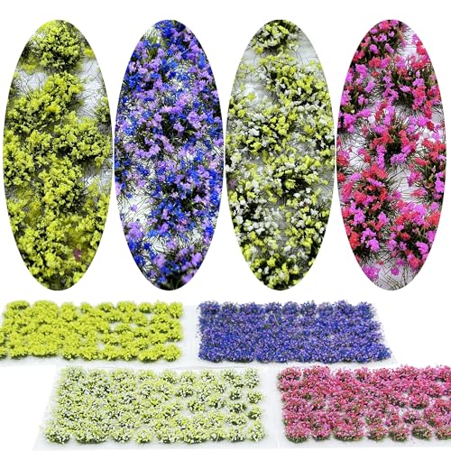 Woohome 4 Pack Miniature Colorful Flower Cluster Self Adhesive Flower Vegetation Groups Static Grass Tufts for Train Landscape Railroad Scenery Sand Military Layout Model - color: 4a
