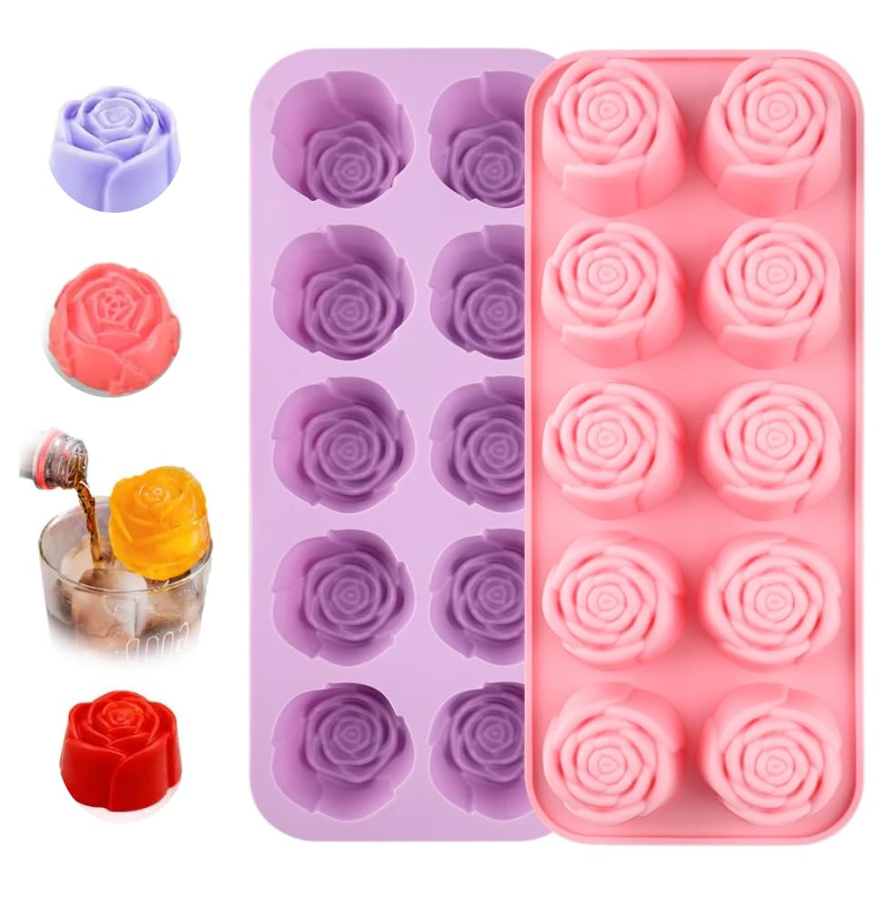 2 Pcs Rose Silicone Mold for Chocolate,20-Cavity Rose Chocolate Mold for Candy, Gummy&Cake Decorating-Flexible Flower Ice Cube Mold & Candy Mold for Strawberries,Jello,and Baking - color: 20-Cavity Pink&Purple