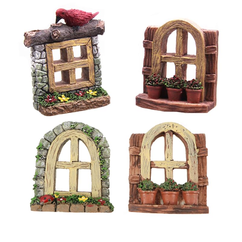 Cabilock 4 Pcs Fairy Door and Window Set, Resin Fairy Garden Accessories for Trees, Flower Pots, Yards, Miniature Garden Decor and Micro Landscape Decoration - size: 6X5CM