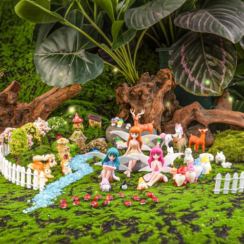 Avalution 70 Pcs Fairy Garden Accessories Kit, Miniature Fairies, Animals, Houses, Trees and Fences for Planters, Terrariums and DIY Decor - size: 70 Pcs