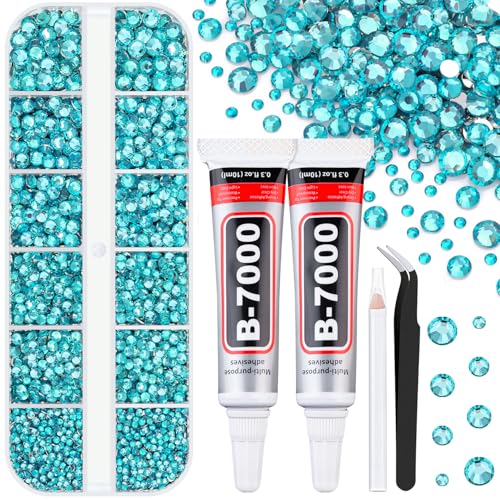 6100Pcs Resin Rhinestones for Crafting with 2Pcs 10ml B7000 Jewelry Glue, 1 Box Flatback Crystals Diamond (Teal Blue) for Bedazzling Crafts DIY Nail Art，Non Hotfix Gems for Clothing Shoes Tumblers - color: Teal Blue, size: 1 Small Pack + 2Pc Glue